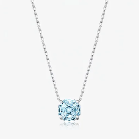 925 Sterling Silver Octagon Light Blue Rhinestone Pendant Necklace For Women Elegant Clavicle Chain Jewelry Gift Item