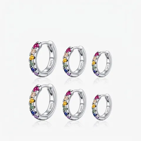 925 Sterling Silver Rainbow Zirconia Hoop Earrings For Women Multi Color Crystal Gradient Huggie Earrings Jewelry Gift