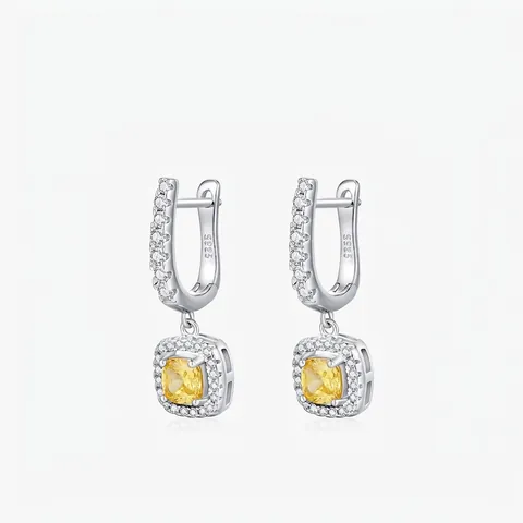 925 Sterling Silver Yellow Zirconia Square Huggie Earrings French Luxury Elegant Inlaid Drop Earrings For Women Jewelry Gift