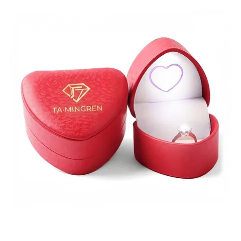 Estuche De Joyería En Forma De Corazón Con Luz LED Cuero PU Forro De Terciopelo Para Propuesta Boda Regalo Anillo Almacenamiento