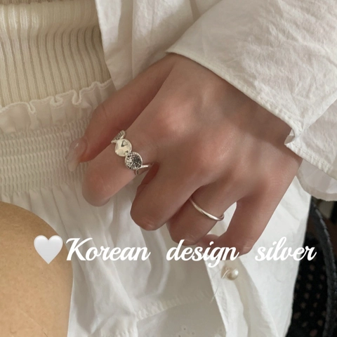 Vintage S925 Sterling Silver Oval Spliced Open Ring Korean Style Textured Adjustable Geometric Finger Ring Jewelry Gift