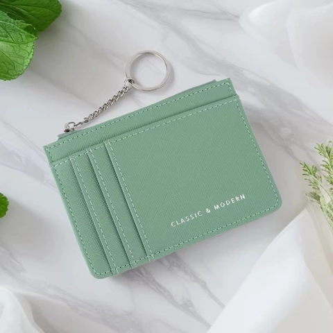 Porte-Cartes Mince Saffiano Cuir PU Porte-Monnaie Portefeuille À Fermeture Éclair Avec Porte-Clés Minimaliste Femmes