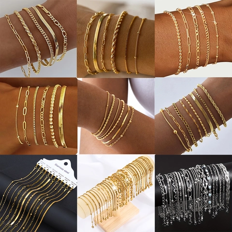 Bracciale a Catena in Acciaio Inossidabile alla Moda per Donna Placcato in Oro 18K Figaro Rope Paperclip Snake Bead Link Jewelry Gift