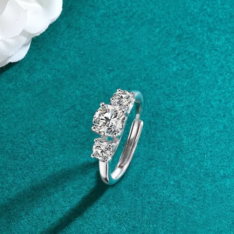 S925 Sterling Silver Three Stone Moissanite Adjustable Ring For Women Elegant Heart Cutout Trilogy Ring Jewelry