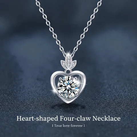 Collana Cuore in Argento Sterling 925 per Donna Moissanite Elegante Montatura a Quattro Griffe Ciondolo a Foglia Gioielli