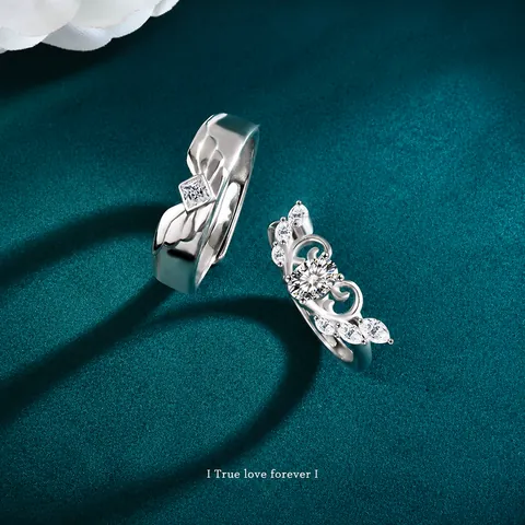925 Sterling Silver Moissanite Couple Rings Angel Wings Crown Adjustable Open Rings Romantic Jewelry For Men Women