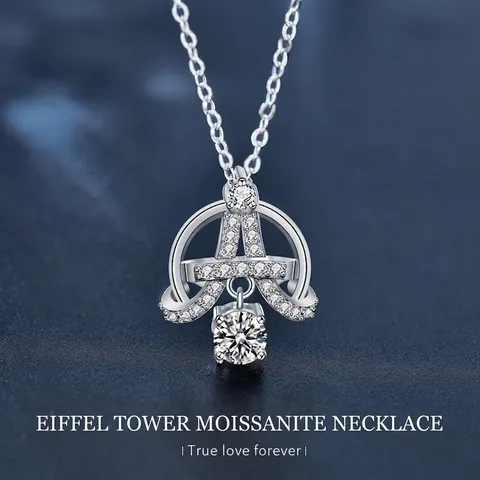 925 Sterling Silver Eiffel Tower Pendant Necklace For Women Elegant Moissanite Inlaid Luxury Pave Setting Jewelry Accessory