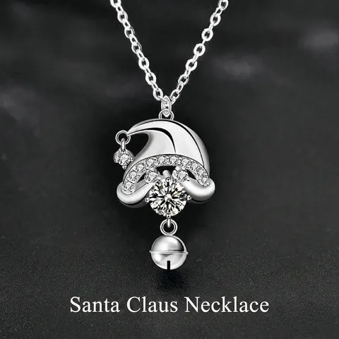 925 Sterling Silver Moissanite Santa Hat Pendant Necklace Bell Christmas Jewelry Rhodium Plated Clavicle Chain For Women
