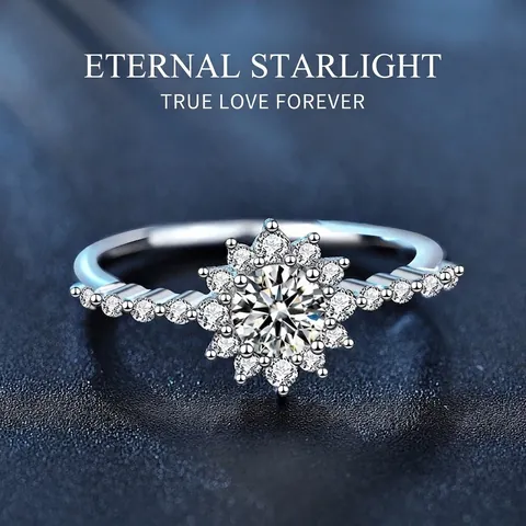 Bague en Argent Sterling 925 Moissanite pour Femme Design Étoile Scintillante Bague de Doigt en Moissanite Ronde Incrustée