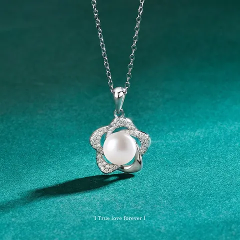 Collar de Plata de Ley 925 con Colgante de Flor de Moissanita Para Mujer Collar de Perla de Agua Dolce Genuina Joyería