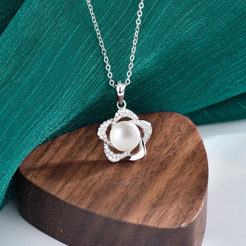 Collar de Plata de Ley 925 con Colgante de Flor de Moissanita Para Mujer Collar de Perla de Agua Dolce Genuina Joyería