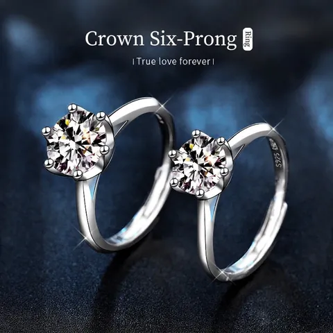 925 Sterling Zilver Moissaniet Ring Voor Dames Zes Klauwen Kroon Verstelbare Open Ring Ingelegde Zirkonia Geplatineerde Sieraden