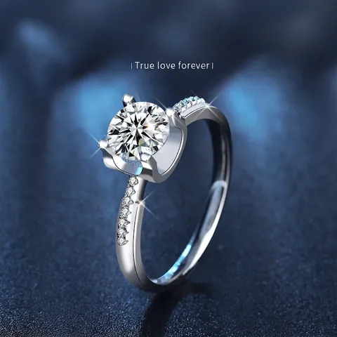Anillo de Moissanita de Plata de Ley 925 de Lujo para Mujer Clásico de Cuatro Garras Redondo Color D Moissanita Anillo de Compromiso