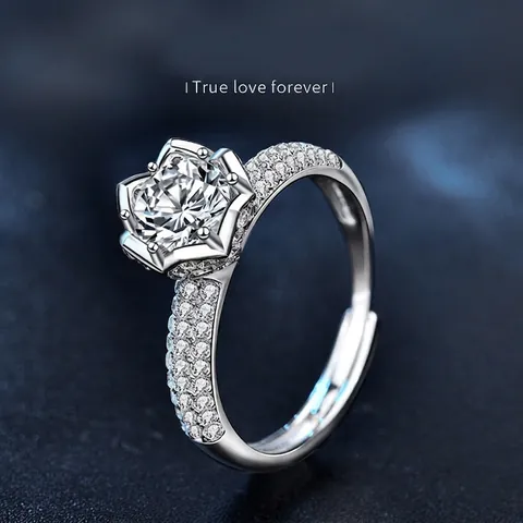 Luxus 925 Sterlingsilber Lotus Ring Für Damen Ein Karat Moissanit Sechs-Krallen Verstellbare Offene Band Fingerring Schmuck