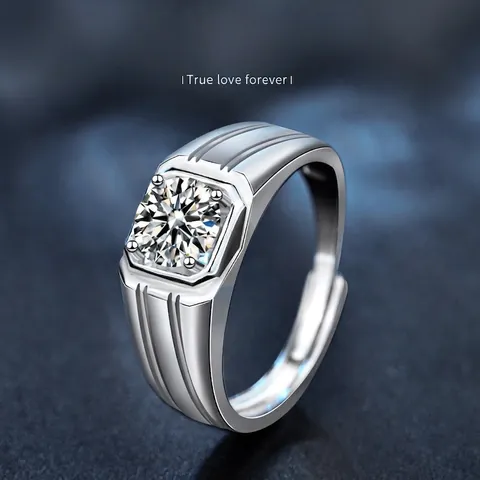 Men 925 Sterling Silver Moissanite Ring Adjustable 1 Carat Luxury Sparkling Engagement Wedding Band Minimalist Finger Ring Jewelry Gift