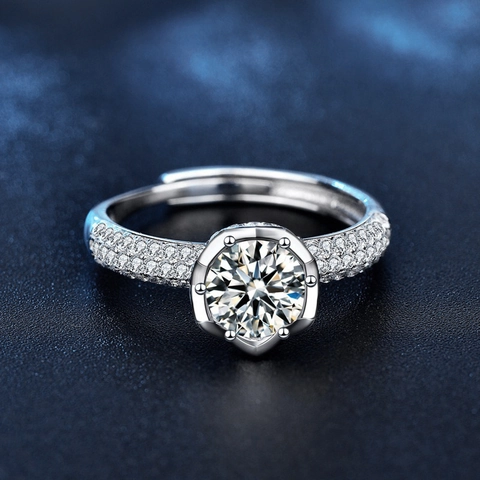 Luxus 925 Sterlingsilber Lotus Ring Für Damen Ein Karat Moissanit Sechs-Krallen Verstellbare Offene Band Fingerring Schmuck