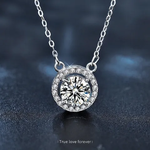 925 Sterlingsilber Moissanit Anhänger Halskette Runde Halo Brillante Moissanit Halskette Elegante Schlüsselbeinkette Schmuck Für Damen