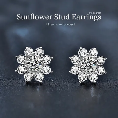 Orecchini a Bottone in Argento Sterling S925 Girasole Moissanite Placcati in Oro Bianco Fiore Scintillante Gioielli per Donna Regalo Elegante