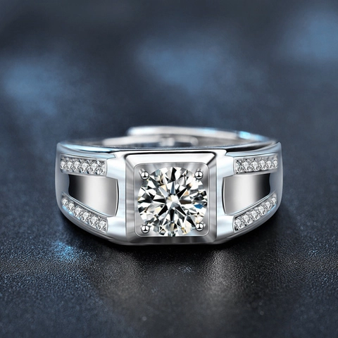 Luxury 925 Sterling Silver Moissanite Ring For Men Adjustable Opening 1 Carat Round Brilliant Cut Wedding Engagement Fine Jewelry
