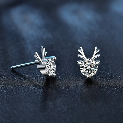 Orecchini a Bottone in Argento Sterling 925 Con Renna in Moissanite per Donna Placcati in Oro Bianco Gioielli Regalo Natale