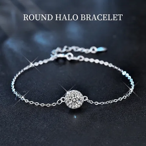 Braccialetto in Argento Sterling S925 Moissanite per Donna Braccialetto Intarsiato Round Halo Con Catena di Estensione Gioielli di Moda Regalo