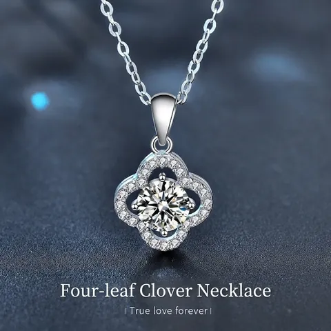 S925 Sterling Silver Four Leaf Clover Moissanite Pendant Necklace Round Cut Lab Diamond Clavicle Chain Jewelry For Women Gift