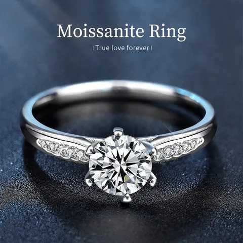 Anillo de Moissanita de 1 Quilate de Plata de Ley S925 Diseño Clásico de Seis Puntas Corona Color D Claridad VVS1 Boda