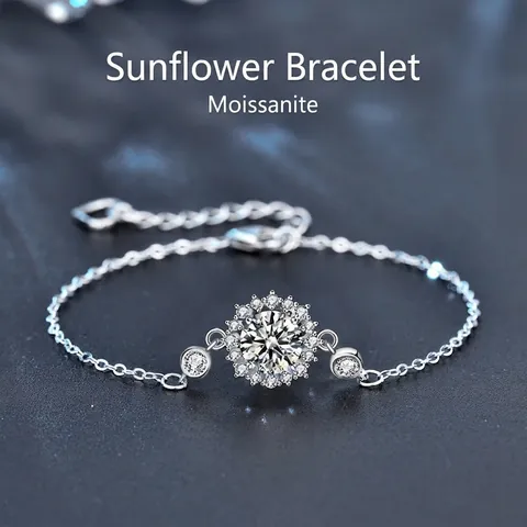 925 Sterling Silver Sunflower Moissanite Bracelet For Women Sparkly D Color VVS1 Adjustable Chain Floral Jewelry Gift