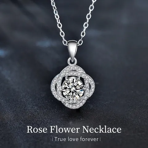 Collana Con Pendente a Rosa in Argento Sterling 925 per Donna Gioielli con Catena a Clavicola a Fiore in Moissanite Rotonda