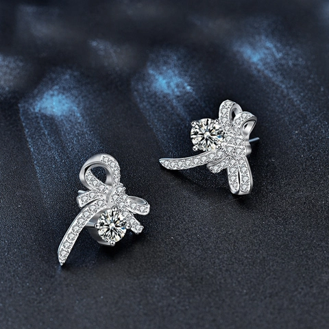 925 Sterling Zilver Moissaniet Strik Oorknopjes Minimalistisch Elegant Lint Ontwerp Micro Ingelegde Vrouwen Sieraden Cadeau