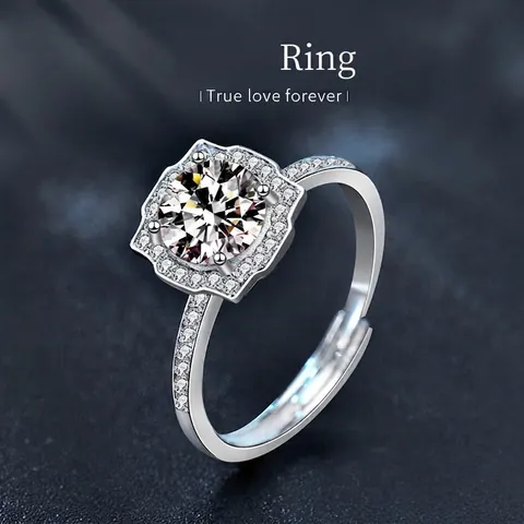 Bague en Argent Sterling 925 avec Moissanite de 1 Carat Halo Carré Pavé Anneau Réglable Bague de Fiançailles pour Femme Bijoux de Mode