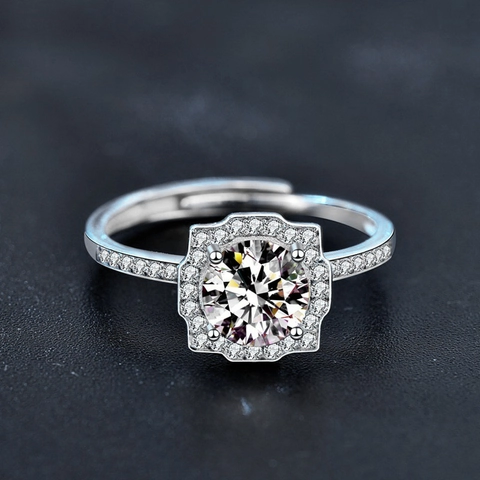 Bague en Argent Sterling 925 avec Moissanite de 1 Carat Halo Carré Pavé Anneau Réglable Bague de Fiançailles pour Femme Bijoux de Mode