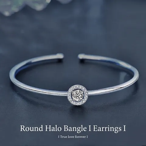 Moissanite Round Halo Bangle 925 Sterling Silver Adjustable Open Bracelet Minimalist Jewelry For Women