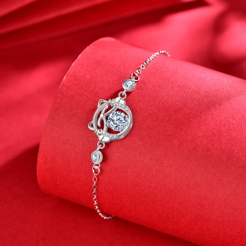 Bracciale in Argento Sterling S925 Con Moissanite Pendente Gatto della Fortuna Regolabile Placcato Oro Bianco Gioielli Donna