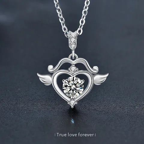 925 Sterling Silver Moissanite Cupid's Arrow Heart Necklace Angel Wings Pendant Clavicle Chain Romantic Jewelry For Women