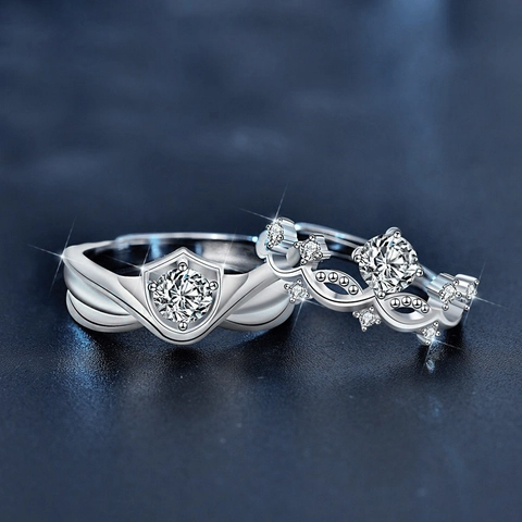 925 Sterling Silver Moissanite Couple Rings Set Princess Crown Knight Shield Inlaid Adjustable Wedding Jewelry Finger Ring