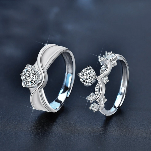 925 Sterling Silver Moissanite Couple Rings Set Princess Crown Knight Shield Inlaid Adjustable Wedding Jewelry Finger Ring