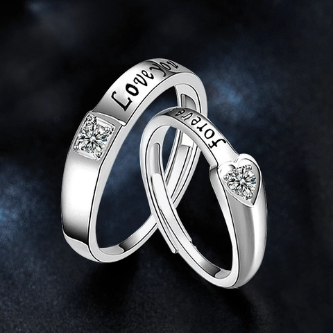 925 Sterlingsilber Paar Ringe Herzform Zirkonia Verstellbar Offen Ringe Love You Forever Retro Schmuck Für Verliebte