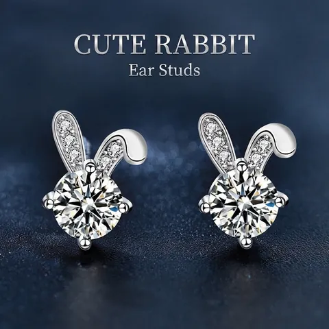 S925 Sterling Silver Cute Rabbit Moissanite Stud Earrings For Women D Color VVS1 Moissanite Jewelry With GRA Certificate