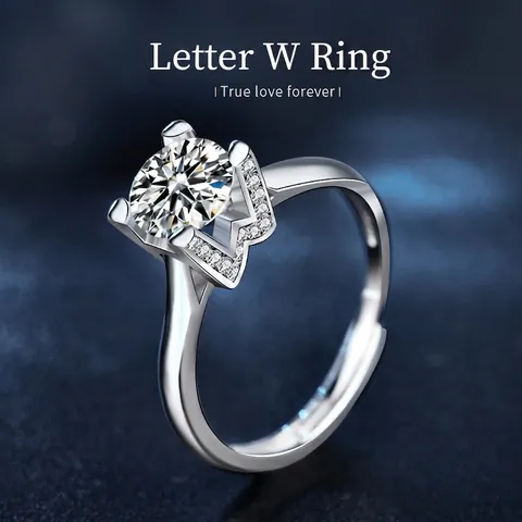 925 Sterling Silver Moissanite Ring For Women Letter W Crown Adjustable Open Ring Wedding Engagement Jewelry With GRA