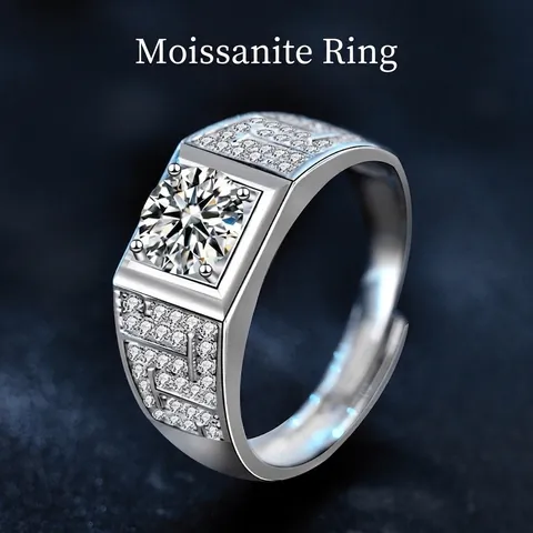 925 Sterling Zilveren Moissaniet Ring Voor Heren Hip Hop Vierkant Open Verstelbare Ring Luxe Sieraden Witgoud Verguld