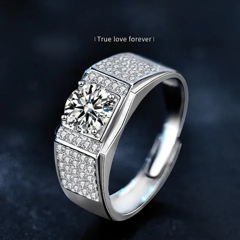 Luxe 925 Sterling Zilver Moissaniet Ring Voor Heren Geplaveide Strass Verstelbaar Open Band Zakelijke Mode Sieraden Cadeau