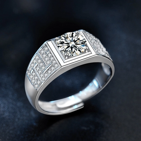 925 Sterling Zilveren Moissaniet Ring Voor Heren Hip Hop Vierkant Open Verstelbare Ring Luxe Sieraden Witgoud Verguld