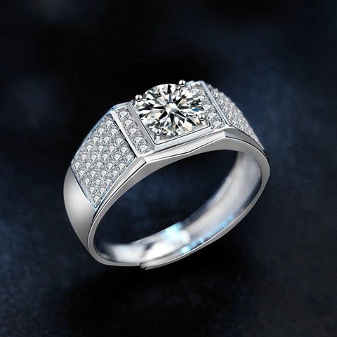 Luxe 925 Sterling Zilver Moissaniet Ring Voor Heren Geplaveide Strass Verstelbaar Open Band Zakelijke Mode Sieraden Cadeau
