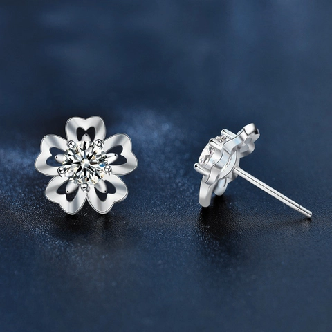 Orecchini a Bottone a Fiore di Ciliegio in Argento Sterling 925 Moissanite per Donna Cuore Traforato Gioielli Strass