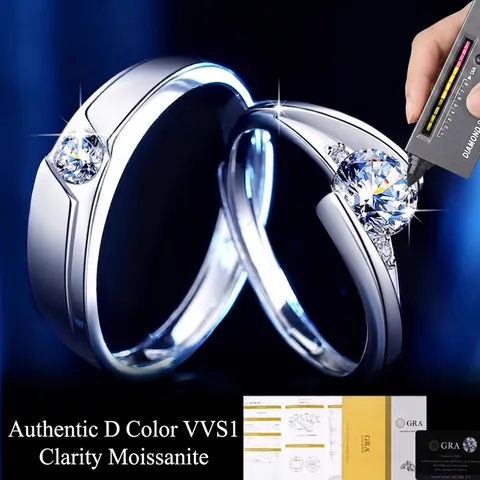 Anillos de Pareja de Moissanita Color D Plata de Ley S925 Banda Ajustable Joyería de Boda Compromiso para Amantes Hombre Mujer