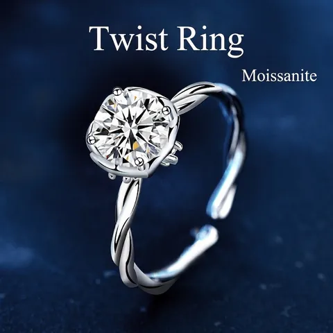Anello in Argento Sterling 925 con Moissanite per Donna 1 Carato Taglio Brillante Rotondo Fascia Intrecciata Regolabile Gioielli