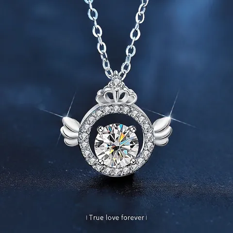 Collar con Colgante de Moissanita de 1 Quilate con Corona y Alas de Ángel Cadena de Plata de Ley 925 Joyas para Mujer