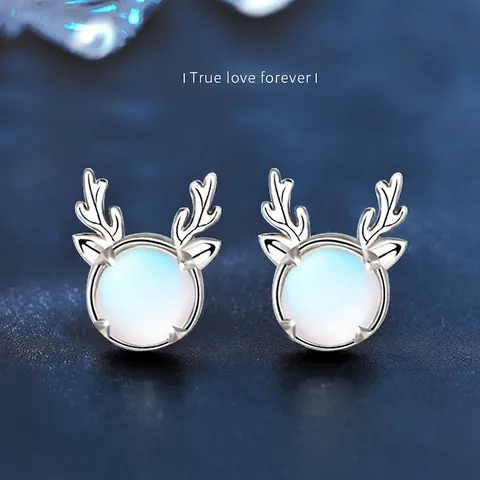 925 Sterlingsilber Rentier Geweih Ohrstecker Für Damen Süße Weihnachten Mondstein Hirsch Ohrringe Kleiner Frischer Schmuck