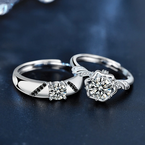925 Sterling Silver Moissanite Couple Rings Set For Women Men Adjustable Opening D Color Engagement Wedding Ring Jewelry